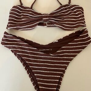 Abercrombie & Fitch Brown and White Striped crinkle high rise cheeky bikini